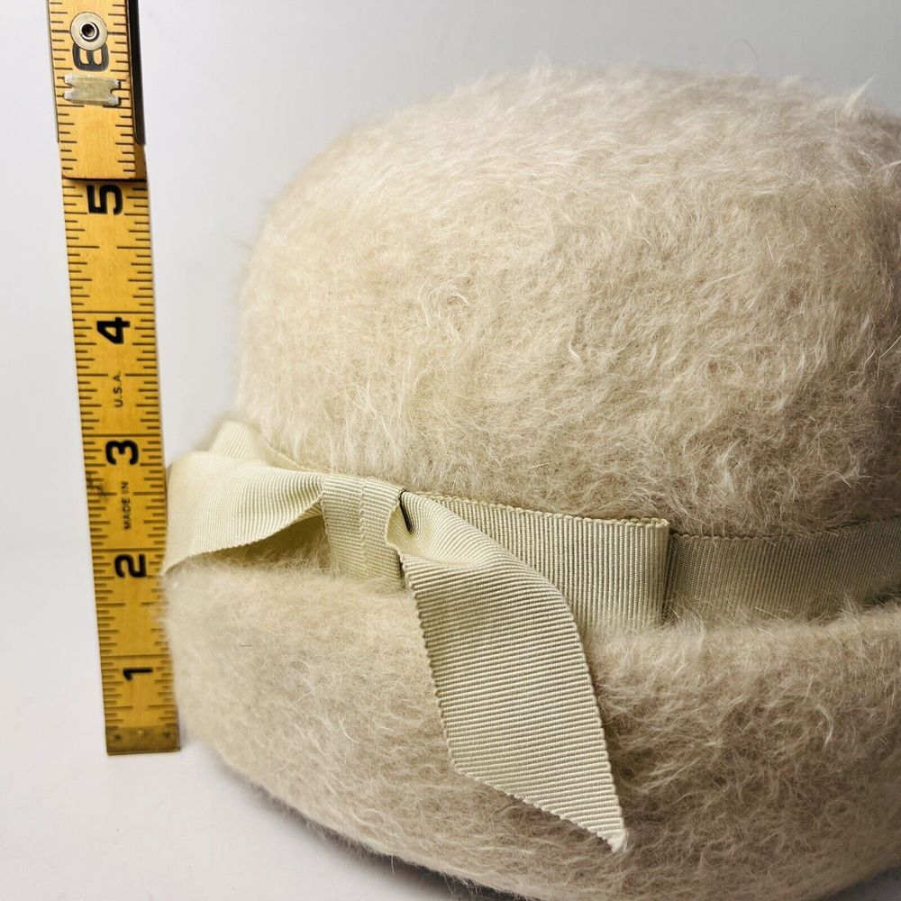 Vintage 1950s Merri Soie Merrimac Cream Ivory Bowler Bucket Hat Faux Felted Fur - Picture 9 of 9